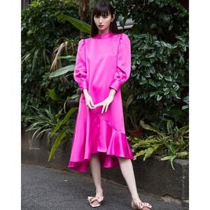 The Drop Pink Midi Dress Mock‎ Neck Puff Sleeve Party Dress S